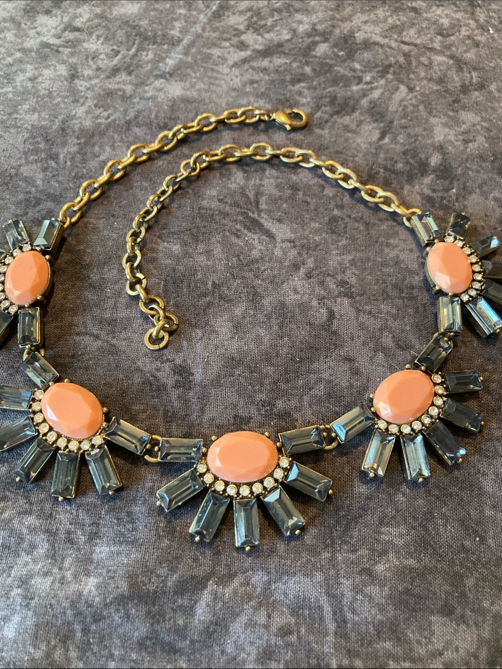 Gold-Tone Statement Necklace with Coral Cabochons and Smoke Crystals